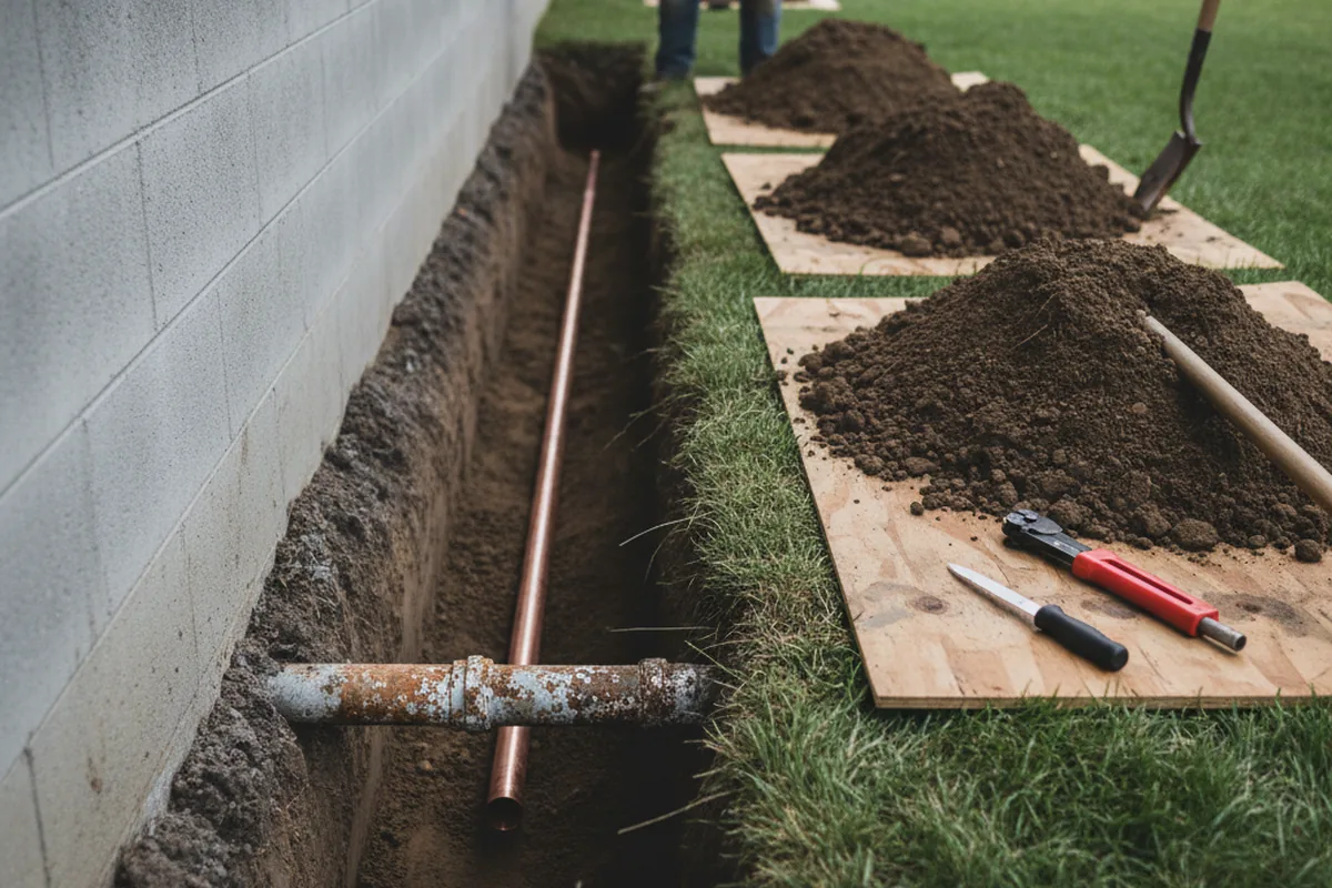 Excavated water line trench during Water Softener Installation in Bonsall
